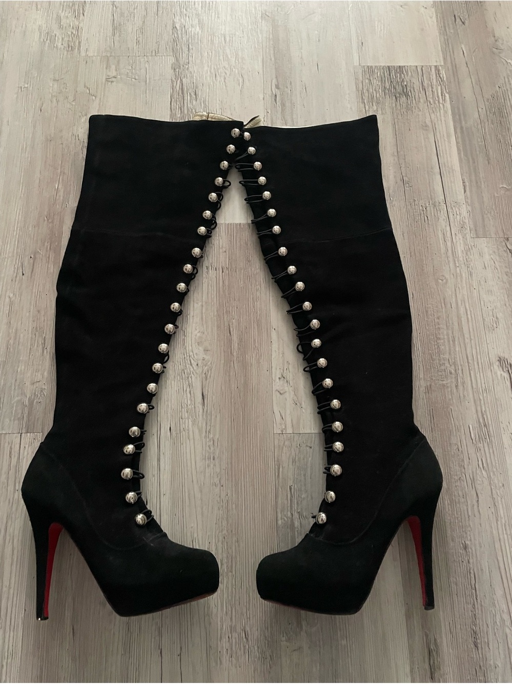 Christian Louboutin Vatican Button Up Suede Heel Boots Black